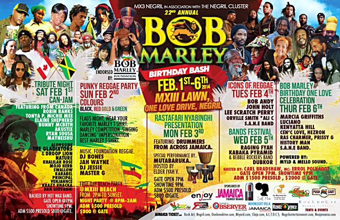 Bob Marley Birthday Bash Line Up in Negril Jamaica